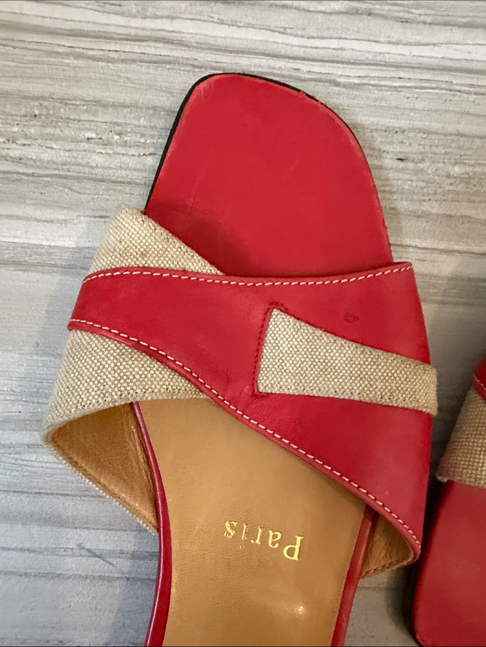 Vintage Christian Louboutin Red and Beige Crossband Slide Sandals - Picture 4 of 8